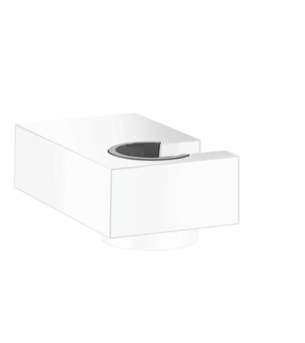 Weißer Wandhalter für eine Brause von Hansgrohe, mit runder Aussparung in der Mitte. Schlichtes, funktionales Design ohne sichtbare Befestigungen.